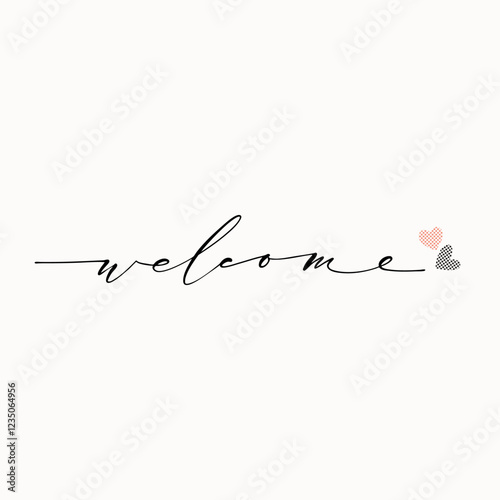 Smooth thin elegant welcome word calligraphy with hearts square card. Welcome sign in script text. Vector Illustration.