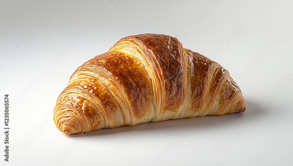 A perfectly baked croissant placed on a clean white background, showcasing its golden-brown crust, flaky layers, and delicate texture. The minimalist composition highlights the elegance and delicious A perfectly baked croissant placed on a clean white background, showcasing its golden-brown crust, flaky layers, and delicate texture. The minimalist composition highlights the elegance and delicious