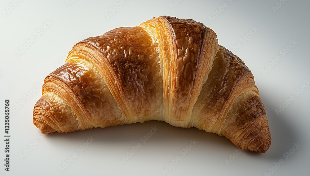 A perfectly baked croissant placed on a clean white background, showcasing its golden-brown crust, flaky layers, and delicate texture. The minimalist composition highlights the elegance and delicious A perfectly baked croissant placed on a clean white background, showcasing its golden-brown crust, flaky layers, and delicate texture. The minimalist composition highlights the elegance and delicious