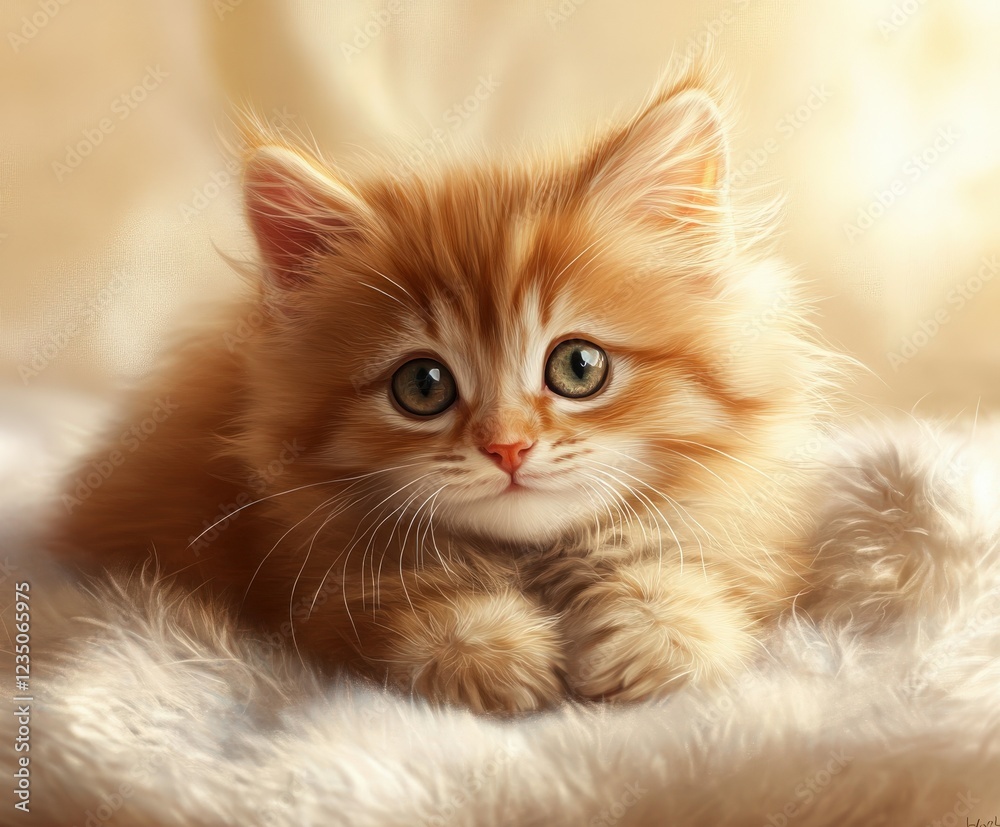 Cute orange kitten resting on soft blanket with big eyes Cute orange kitten resting on soft blanket with big eyes