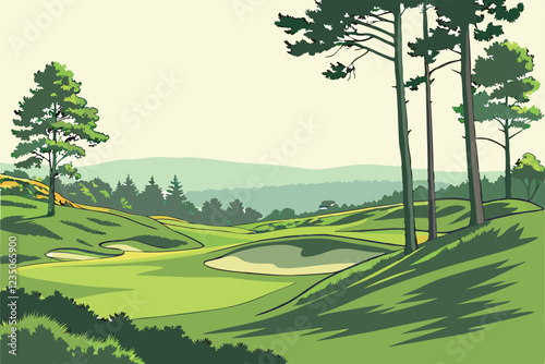 golf course, rolling green hills, sand bunker, manicured lawn, pine trees, serene landscape, vibrant colors, clear sky, minimalist design, smooth curves, pristine condition, tranquil atmosphere, sport