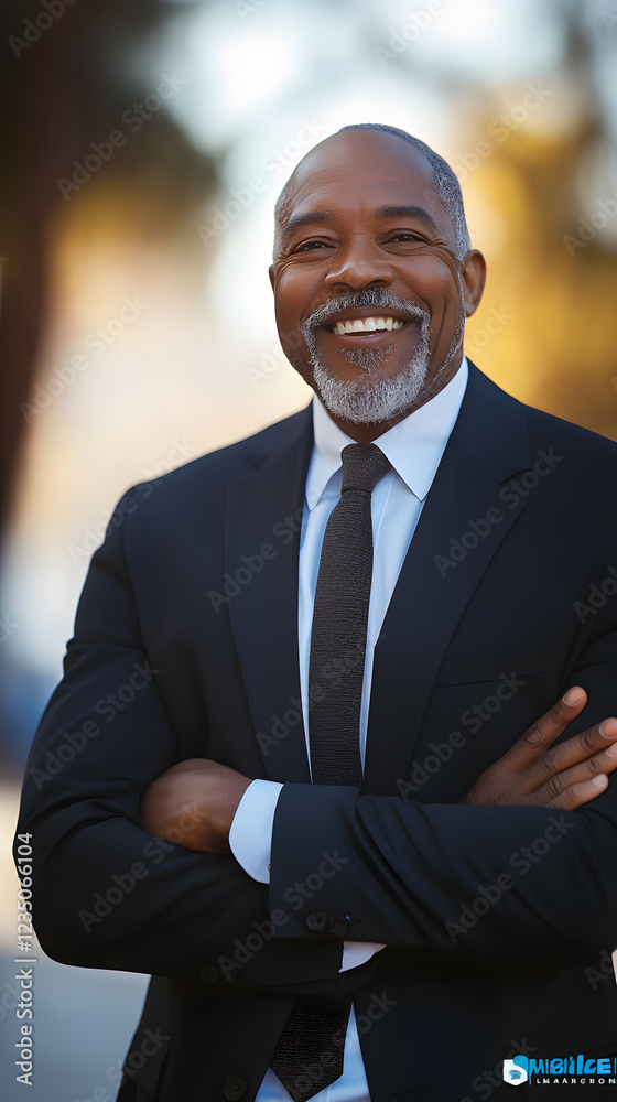 Mature and handsome businessman, smiling and confident, enjoying his success in a professional setting.