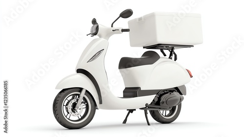 A modern white delivery scooter with a large storage box, ideal for urban logistics. Perfect for food delivery or courier services, offering convenience and efficiency. photo