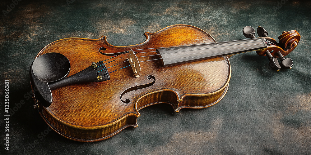 Fototapeta premium A beautifully crafted violin lies on a textured surface, showcasing its intricate woodwork, elegant curves, and polished finish, symbolizing musical artistry.