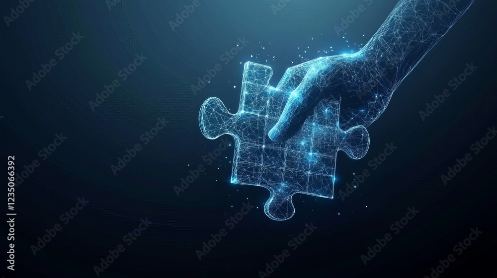 An abstract hand holds a jigsaw puzzle hologram illuminated in a futuristic blue symbolizing digital business solutions in a technologydriven world An abstract hand holds a jigsaw puzzle hologram illuminated in a futuristic blue symbolizing digital business solutions in a technologydriven world