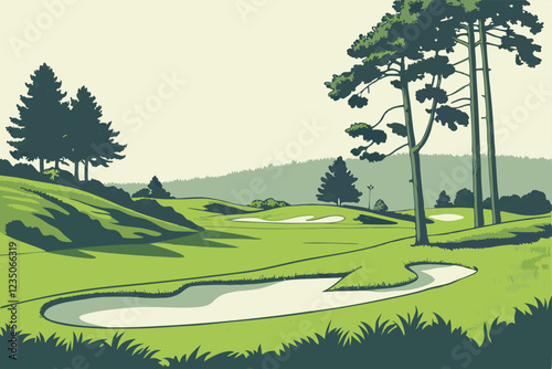 golf course, rolling green hills, sand bunker, manicured lawn, pine trees, serene landscape, vibrant colors, clear sky, minimalist design, smooth curves, pristine condition, tranquil atmosphere, sport