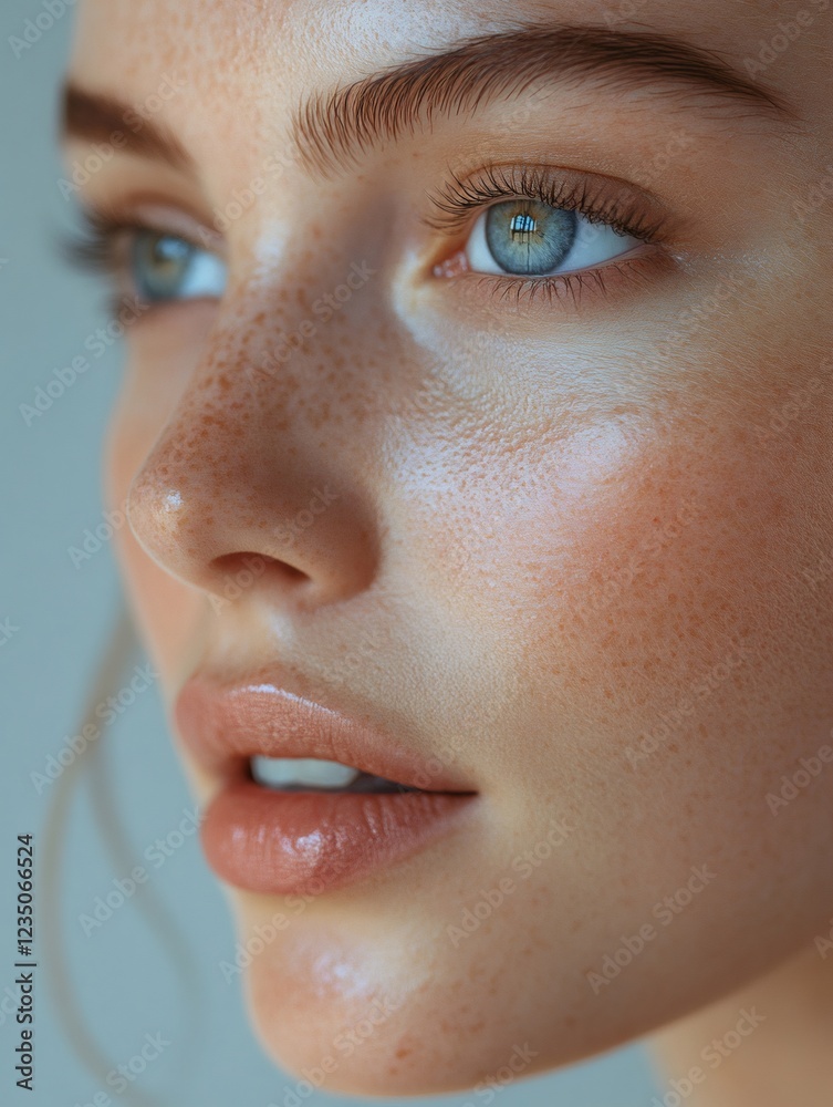Naklejka premium Beauty portrait of freckled model showing perfect skin and makeup