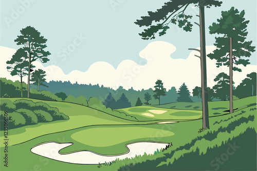 golf course, rolling green hills, sand bunker, manicured lawn, pine trees, serene landscape, vibrant colors, clear sky, minimalist design, smooth curves, pristine condition, tranquil atmosphere, sport