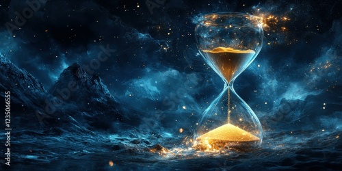 A mesmerizing hourglass in a cosmic setting, symbolizing the passage of time, suitable for concepts of time management, science fiction, and philosophical themes.
