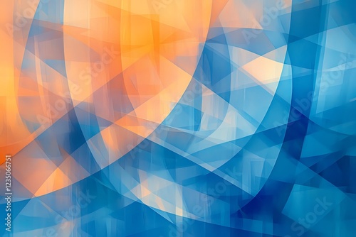 A background of blue and orange geometric patterns, adding energy and movement to the space