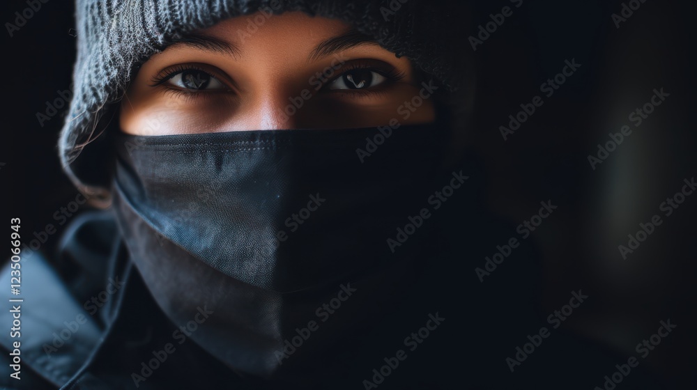 A person in a beanie and face mask gazes intensely, embodying resilience and caution, with a compelling focus on the eyes. A person in a beanie and face mask gazes intensely, embodying resilience and caution, with a compelling focus on the eyes.