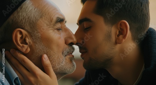 Elderly caucasian man and young hispanic man sharing a tender moment together photo