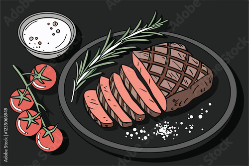 Overhead view, grilled ribeye steak, medium-rare, sliced, dark ceramic plate, cherry tomatoes on vine, fresh rosemary sprigs, creamy white sauce, chopped herbs, coarse salt, dramatic lighting, food ph