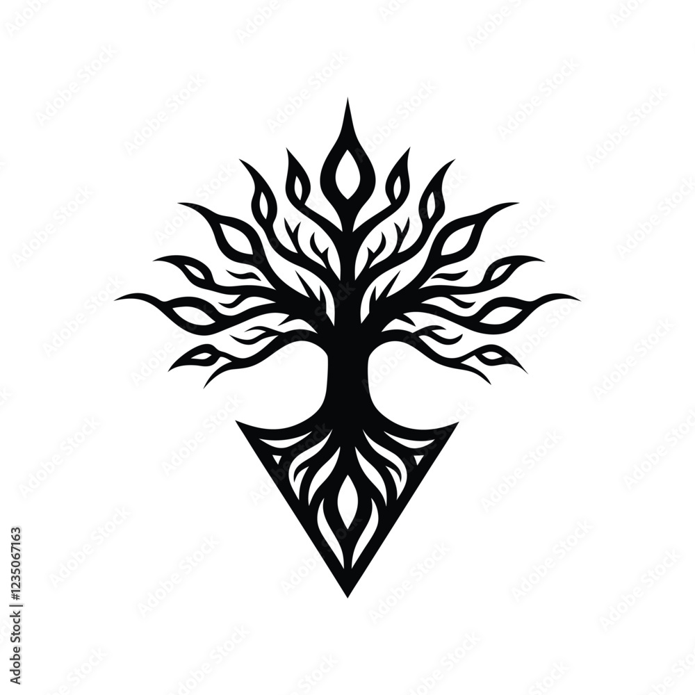 Tattoo tree silhouette vector icon for artistic ink designs, nature-inspired body art, tribal tree emblems, decorative illustrations, and symbolic tattoo graphics Tattoo tree silhouette vector icon for artistic ink designs, nature-inspired body art, tribal tree emblems, decorative illustrations, and symbolic tattoo graphics
