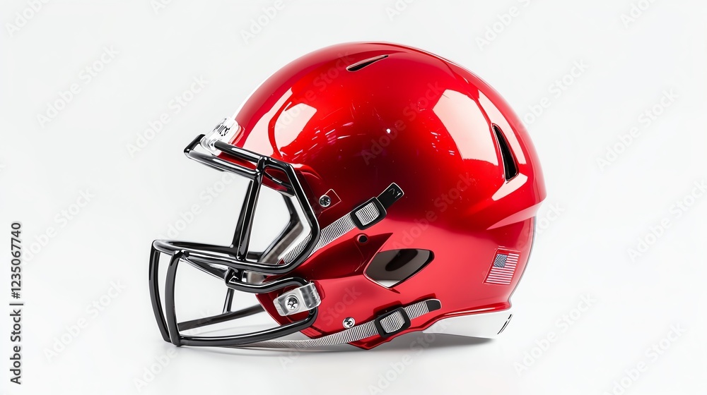 A vibrant red American football helmet displayed on a white background, featuring modern design elements and a professional finish, ideal for sports-themed projects. A vibrant red American football helmet displayed on a white background, featuring modern design elements and a professional finish, ideal for sports-themed projects.