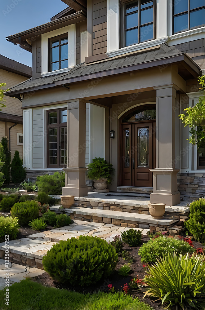 Luxury Home Exterior: Modern Architectural Design with Stone and Landscaping Luxury Home Exterior: Modern Architectural Design with Stone and Landscaping