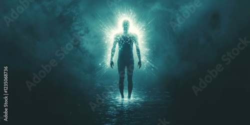 Surreal representation of a glowing figure emerging from water, ideal for themes of spirituality, self-discovery, and transformation. photo