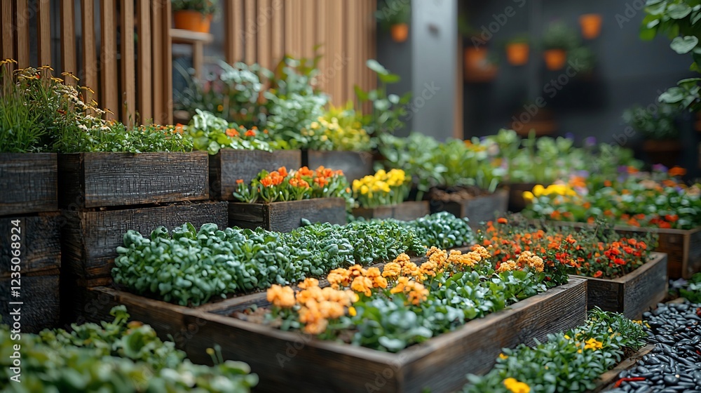 Fototapeta premium Vibrant garden with colorful flowers in wooden planters, showcasing a serene urban oasis
