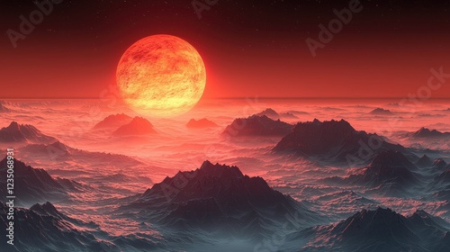 Red Planet Landscape With Giant Sun Rising Over Mountains photo