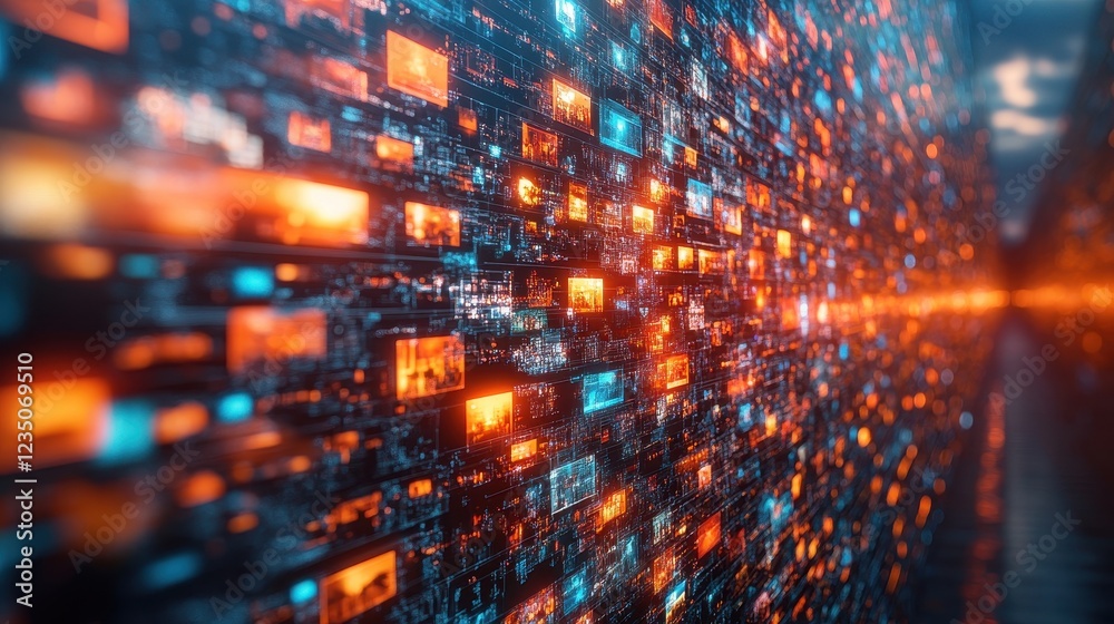 Obraz premium A digital landscape of interconnected data streams and glowing elements.