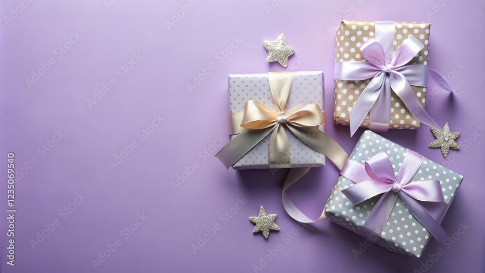 A festive arrangement of wrapped gifts with delicate ribbons and decorative stars against a soft purple background. A festive arrangement of wrapped gifts with delicate ribbons and decorative stars against a soft purple background.