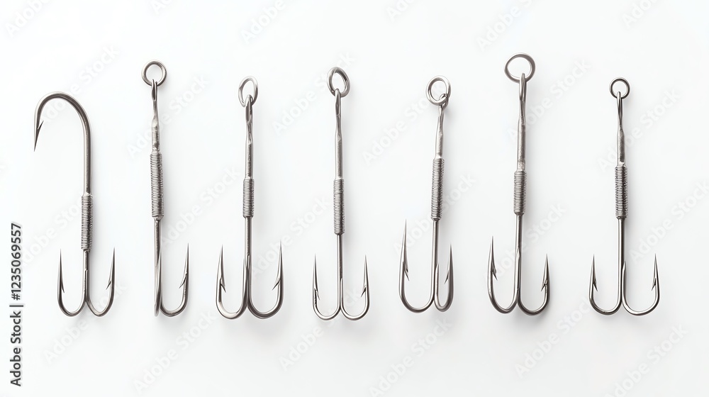 A collection of various fishing hooks displayed against a clean white background, showcasing different sizes and styles for anglers looking for the perfect tackle. A collection of various fishing hooks displayed against a clean white background, showcasing different sizes and styles for anglers looking for the perfect tackle.