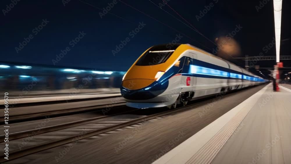 A high-speed train traveling on a railway track at night, with blurred motion and a futuristic design, technological advancement in transportation, Transport of the future, created with generative ai