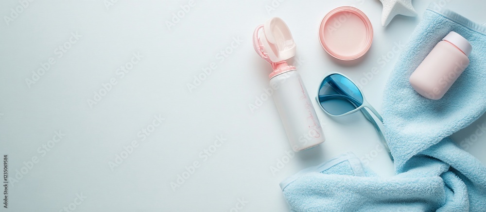 Soft pastel skincare products arranged on a light background with a towel and accessories Soft pastel skincare products arranged on a light background with a towel and accessories