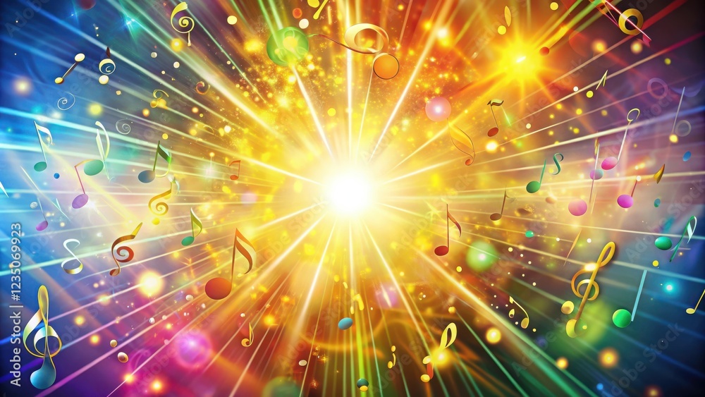 Obraz premium Colorful Musical Notes Radiate From a Bright Light Source in a Celebration of Sound and Rhythm