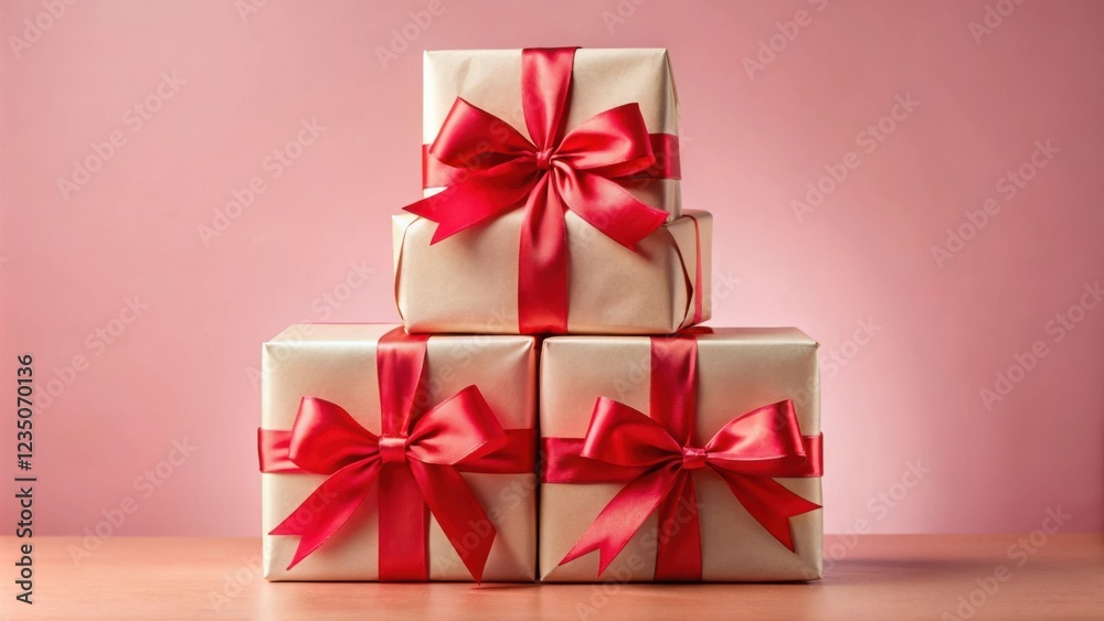 A stack of four golden gift boxes with red satin bows on a pink background A stack of four golden gift boxes with red satin bows on a pink background
