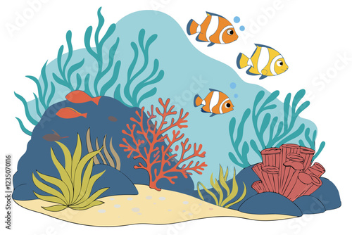  Vibrant coral reef, tropical fish, colorful sea life, underwater scene, clownfish, blue coral, red coral, aquatic plants, ocean floor, crystal clear water, detailed illustration, fantasy aquarium, di