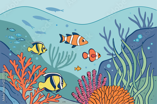  Vibrant coral reef, tropical fish, colorful sea life, underwater scene, clownfish, blue coral, red coral, aquatic plants, ocean floor, crystal clear water, detailed illustration, fantasy aquarium, di