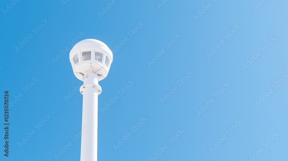 White security camera on pole, clear blue sky background, outdoor surveillance White security camera on pole, clear blue sky background, outdoor surveillance