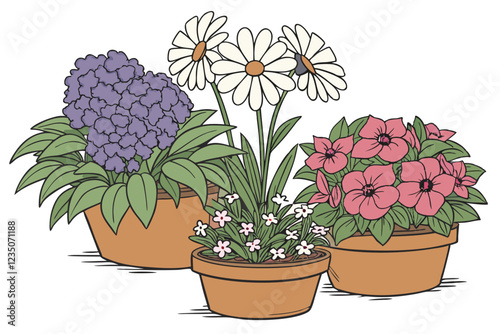 Colorful potted flowers, vibrant floral arrangement, assorted blooming plants, terracotta and ceramic pots, hydrangeas, daisies, petunias, impatiens, indoor gardening, spring colors, botanical variety
