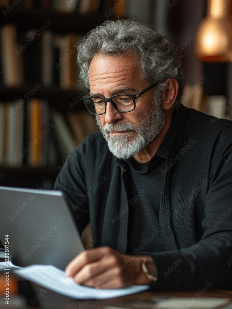 Senior male executive working on financial reports in office for business