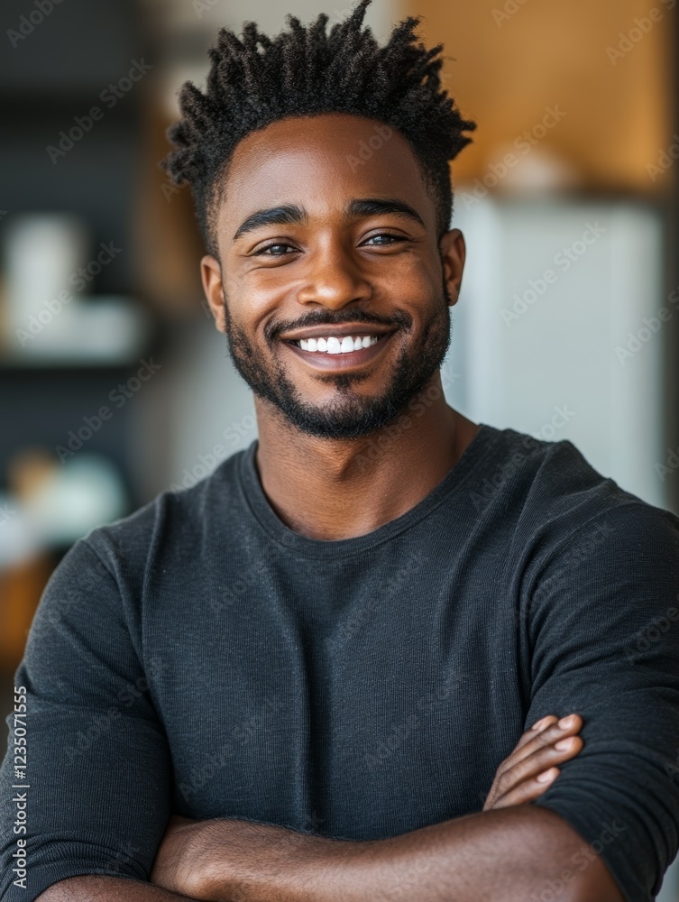Happy Young African American Man in Home Office for Marketing Campaigns Happy Young African American Man in Home Office for Marketing Campaigns