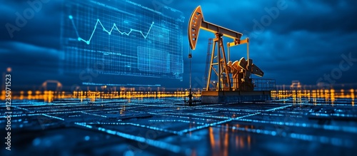 Oil pump jack operating at dusk with data analytics overlay and futuristic cityscape backdrop