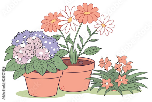 Colorful potted flowers, vibrant floral arrangement, assorted blooming plants, terracotta and ceramic pots, hydrangeas, daisies, petunias, impatiens, indoor gardening, spring colors, botanical variety