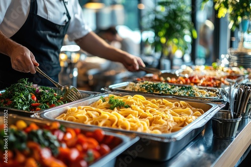 Obraz na płótnie Chef serving pasta and vegetables at a buffet in a restaurant
