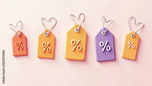 Set of 3D price tags in plasticine style. Orange and purple tags with percent sign. Discount, sale. Promotion offer tag. Marking of products with reduced prices. Vector object in different position