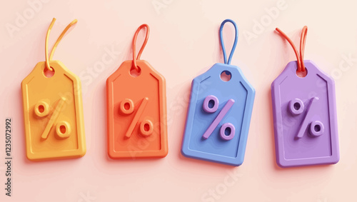 Set of 3D price tags in plasticine style. Orange and purple tags with percent sign. Discount, sale. Promotion offer tag. Marking of products with reduced prices. Vector object in different position