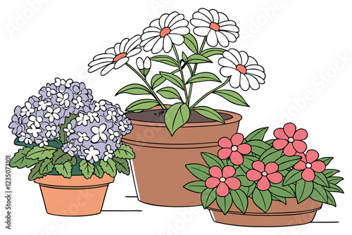 Colorful potted flowers, vibrant floral arrangement, assorted blooming plants, terracotta and ceramic pots, hydrangeas, daisies, petunias, impatiens, indoor gardening, spring colors, botanical variety