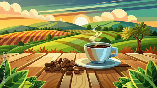 Coffee cup with organic beans on wooden table plantation background and copy space