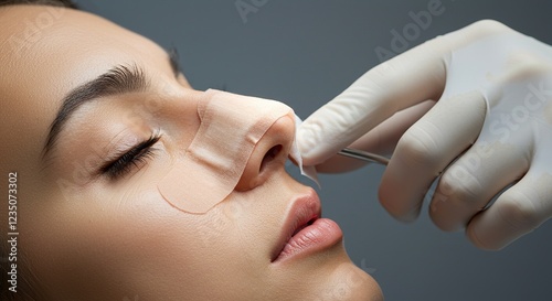 Professional Rhinoplasty Surgical Marking - Close-up of Pre-operative Nose Surgery Planning with Medical Gloved Hand on Gray Background.