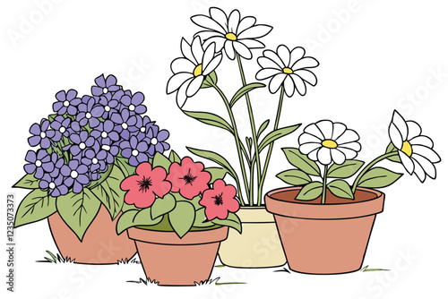 Colorful potted flowers, vibrant floral arrangement, assorted blooming plants, terracotta and ceramic pots, hydrangeas, daisies, petunias, impatiens, indoor gardening, spring colors, botanical variety