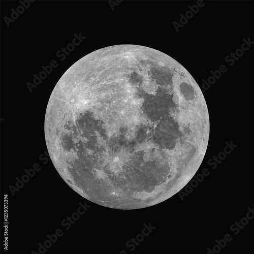 Realistic moon vector isolated on black background. Full moon illustration. Detailed Luna. Super moon in dark background.