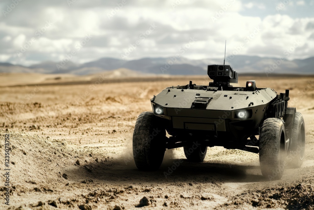 Military unmanned ground vehicle navigating arid terrain under cloudy sky Military unmanned ground vehicle navigating arid terrain under cloudy sky