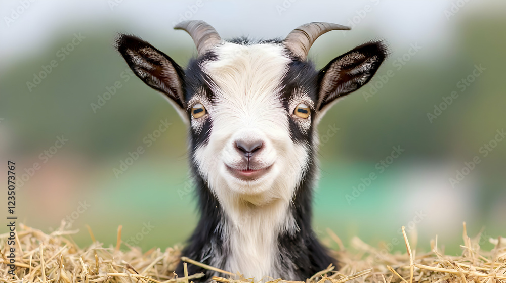 Smiling goat in hay, farm background, pet animal Smiling goat in hay, farm background, pet animal