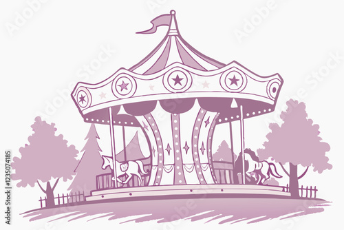 Watercolor carousel, pink and white, delicate pastel tones, whimsical, ethereal, dreamy, vintage style, soft edges, gentle details, star-topped, ribbons, horses, merry-go-round, nostalgic, childhood m