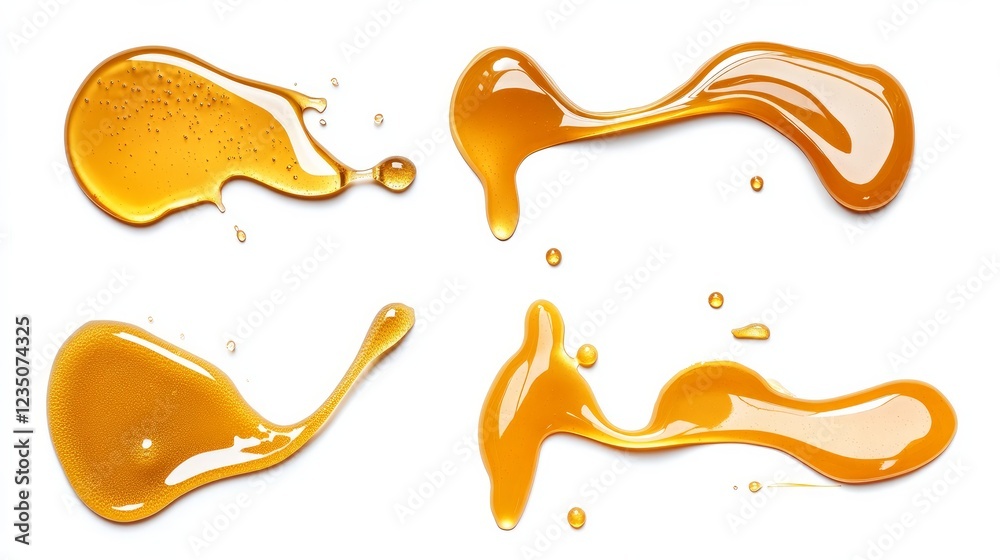 Various honey spills are isolated on a white background shown in top view Various honey spills are isolated on a white background shown in top view